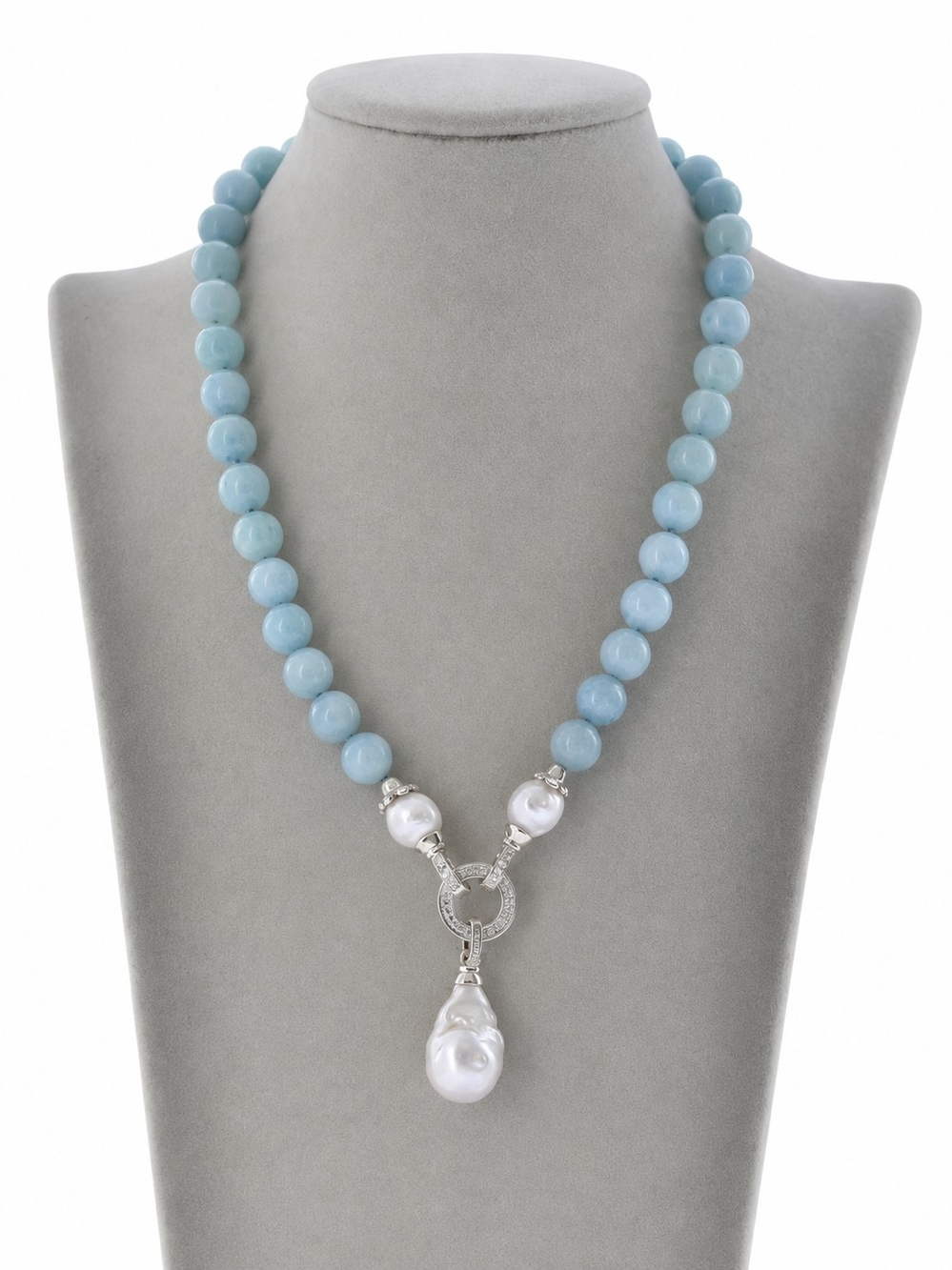 Light Blue Beaded Necklace with Pearl Dropv16"